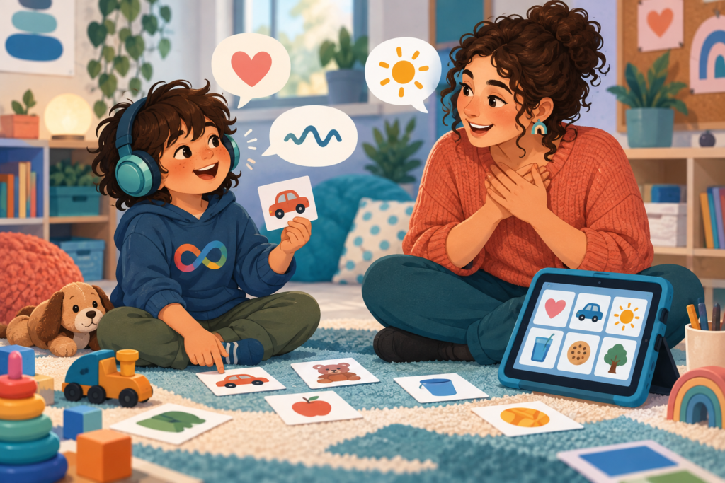 Child communicating with picture cards and AAC support