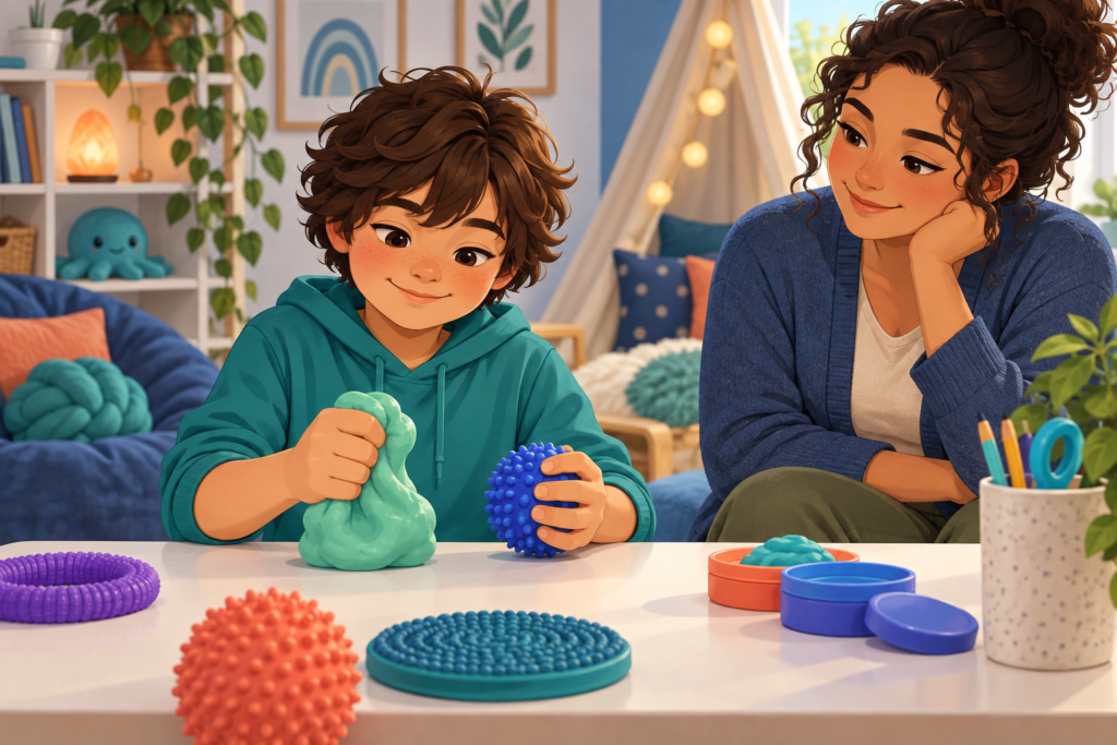 Child using theraputty and sensory tools with supportive adult
