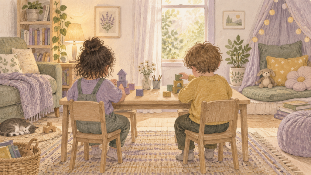 Two children playing with blocks side by side in a calm room with a quiet corner