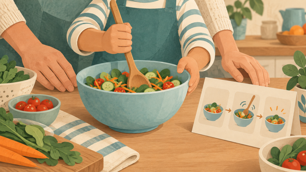 Child stirring a cool bowl of vegetables with a parent nearby in a calm kitchen