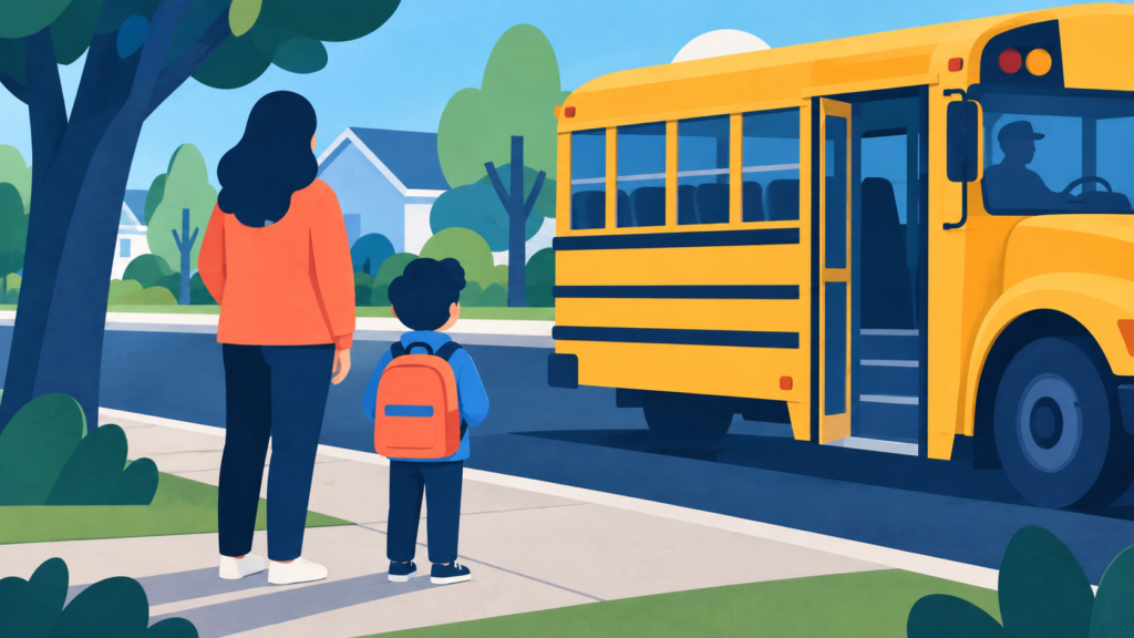 Parent and child waiting back from the curb as a school bus stops for pickup