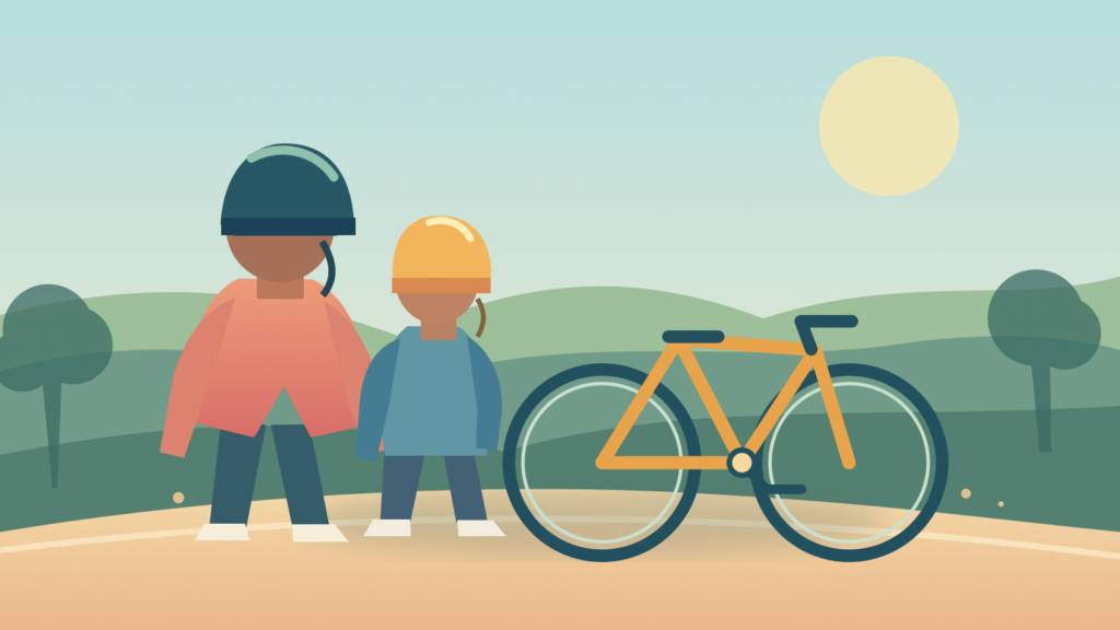 Illustrated parent and child wearing bicycle helmets beside a stationary bicycle on a park path.