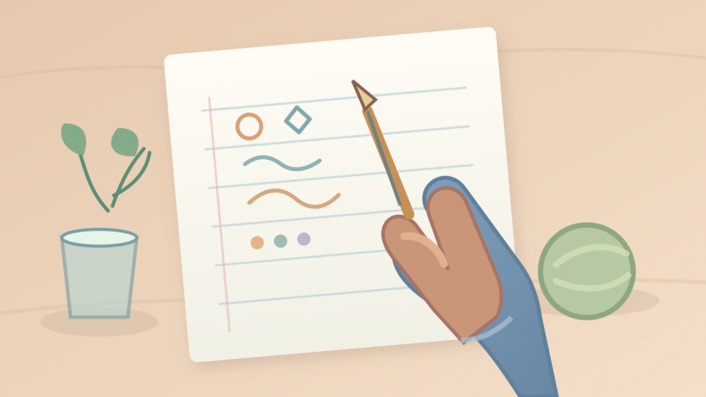 Original overhead illustration of a child’s hand with pencil, lined paper, water and a soft break-time ball.