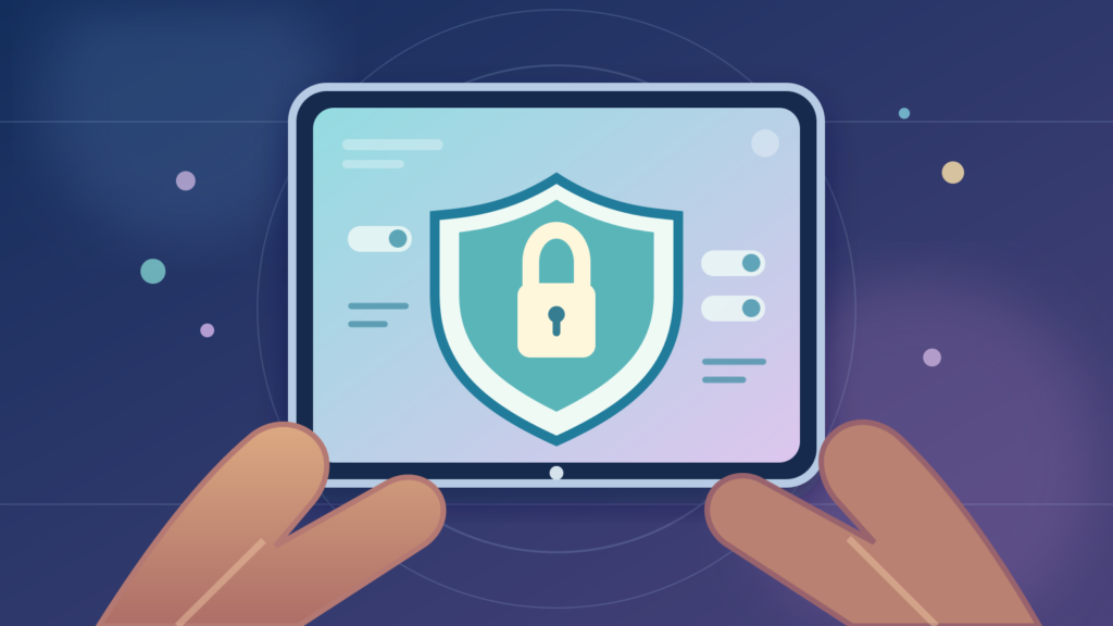 Original illustration of hands using a tablet with a shield and lock symbol for online privacy.