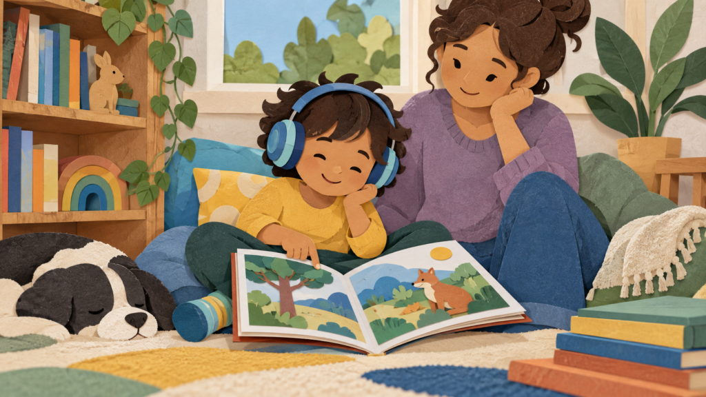 Paper-cut illustration of a child listening with headphones and exploring a picture book beside a parent.