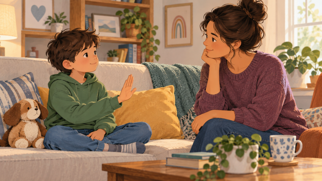 Illustration of a child practising an open-palm boundary gesture while a parent listens calmly at home.
