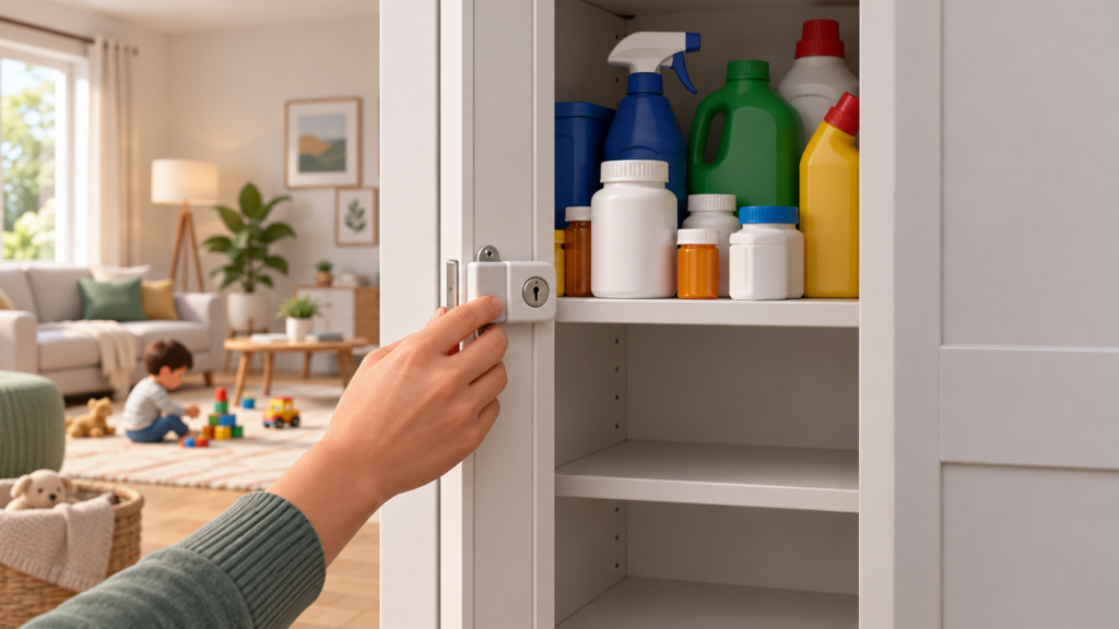 Geometric illustration of an adult checking a lock on a high storage cabinet containing medicines and household cleaners, with a child safely distant.