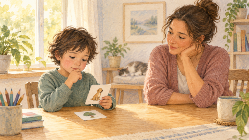 Watercolour illustration of a child considering picture choices while a parent waits calmly without demanding eye contact.