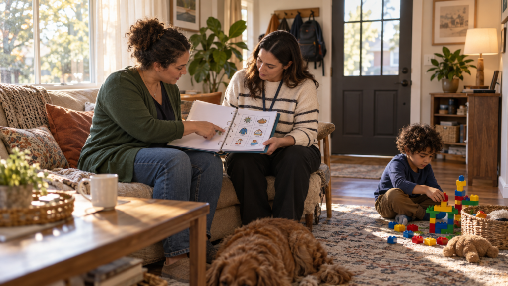 Candid illustration of two adults reviewing a picture-based routine folder while a child plays safely nearby.