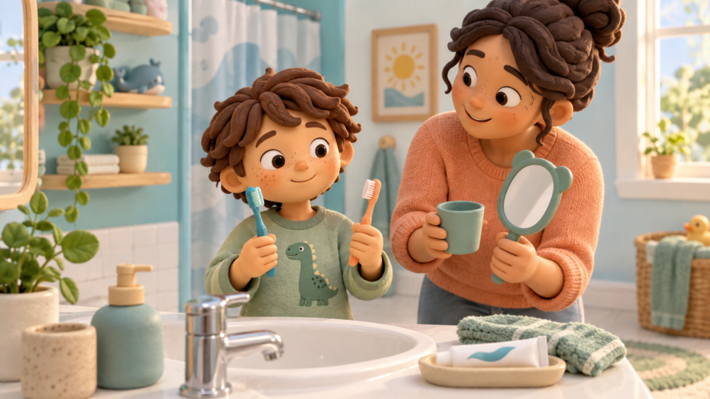 Clay-style illustration of a child choosing between two toothbrushes beside a supportive parent in a calm bathroom.