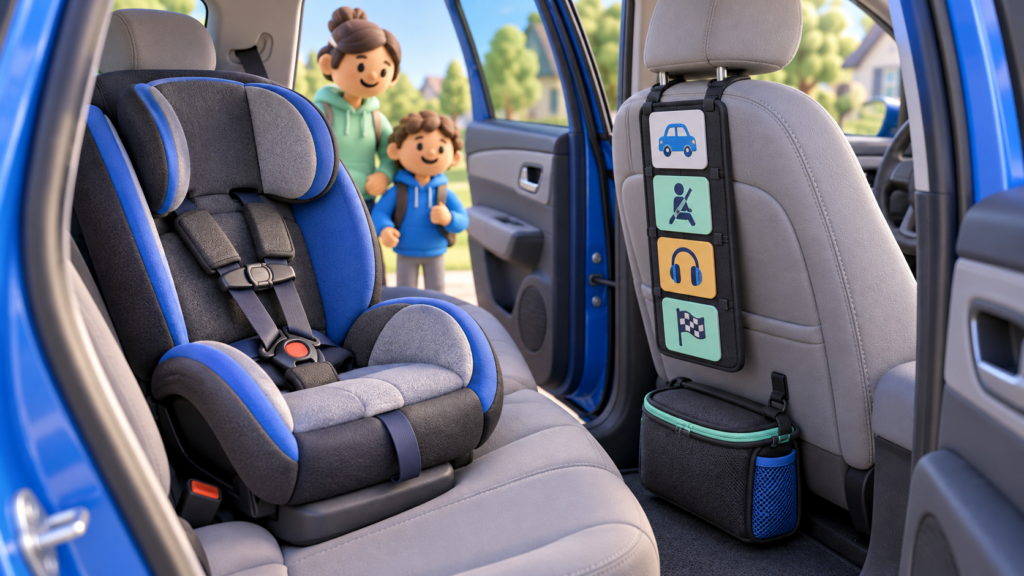 Clay-style illustration of a correctly installed child car seat with secured visual supports in a calm vehicle.