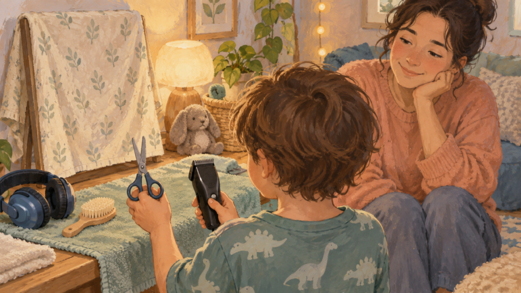Gouache illustration of a child choosing haircut tools while a caregiver waits calmly in a quiet room.