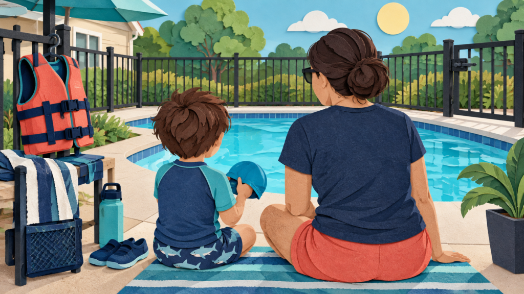 Paper-cut illustration of a child and attentive adult beside a fenced pool with a life jacket ready.