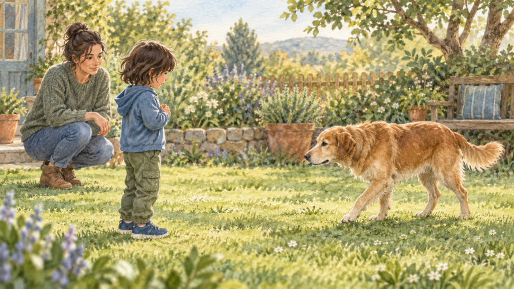 Watercolour illustration of a child pausing while an adult supervises and a calm dog approaches in a garden.