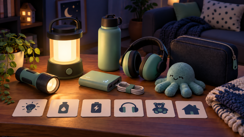 Clay-style power-cut kit with lantern, flashlight, power bank, ear defenders, comfort toy and icon cards.