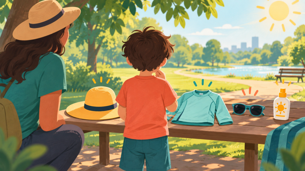 Editorial illustration of a child choosing a hat, sun-protective shirt, sunglasses and sunscreen beside a supportive adult.