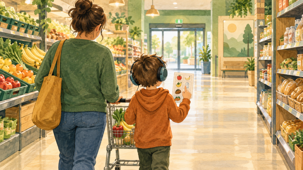 Adult and child using a picture list in a calm grocery store aisle