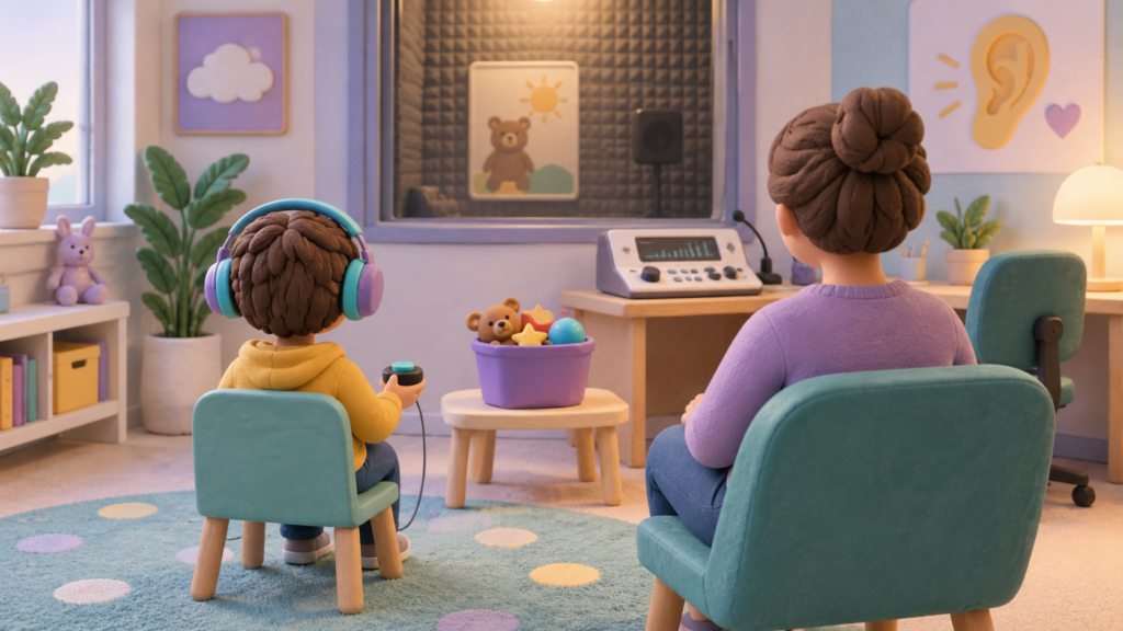 Child and caregiver in a calm audiology room with headphones and response button