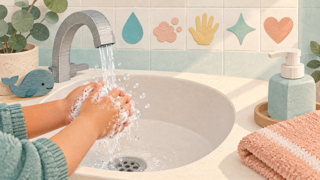 Child washing soapy hands at a calm sink with visual step symbols