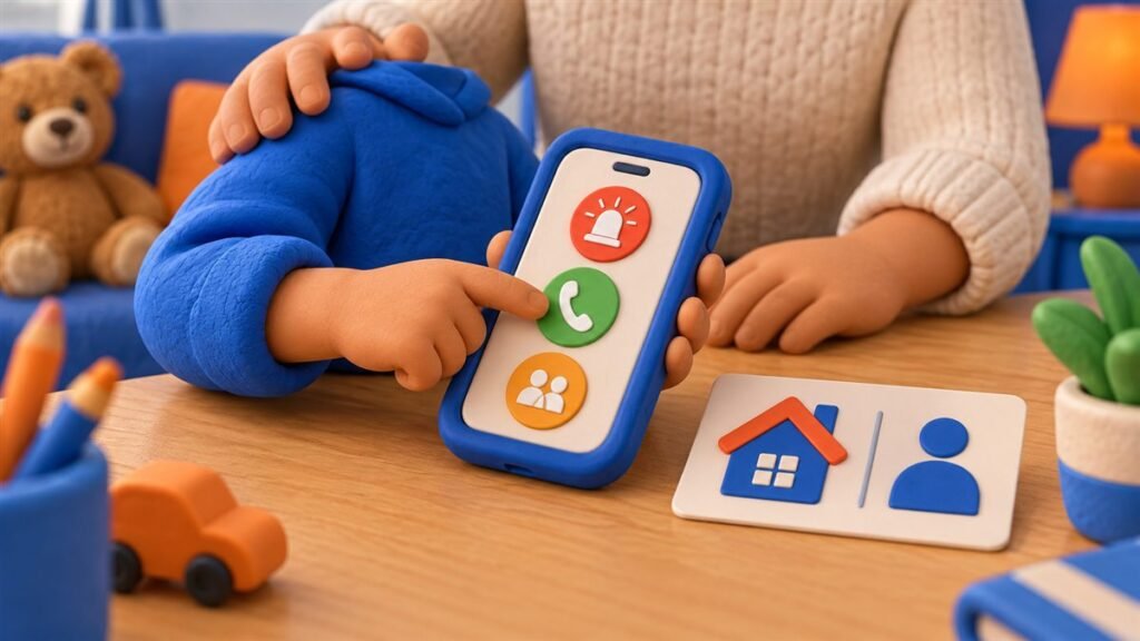 Child-sized hand practising an emergency phone routine beside a caregiver and picture card