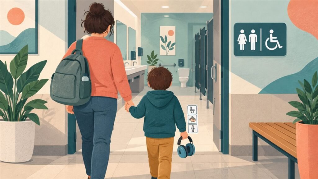 Caregiver and child calmly approaching a quiet public toilet with sensory supports