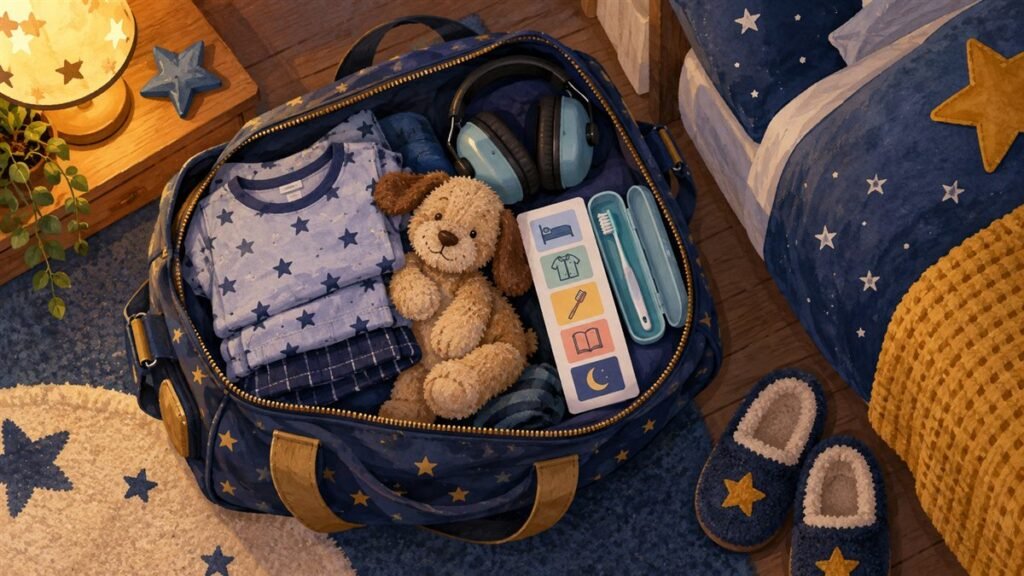 Cozy sleepover bag packed with pyjamas, headphones and a familiar comfort item