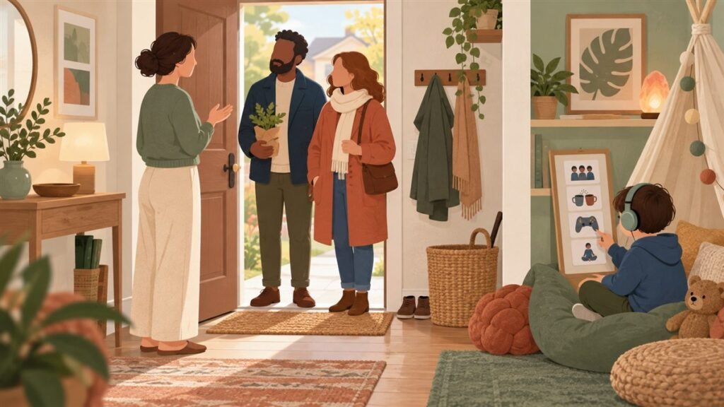 Child checking a simple visitor plan while a caregiver welcomes guests at home