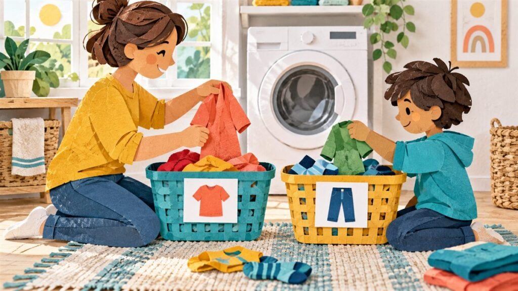 Child and caregiver sorting colourful clothes into simple laundry baskets