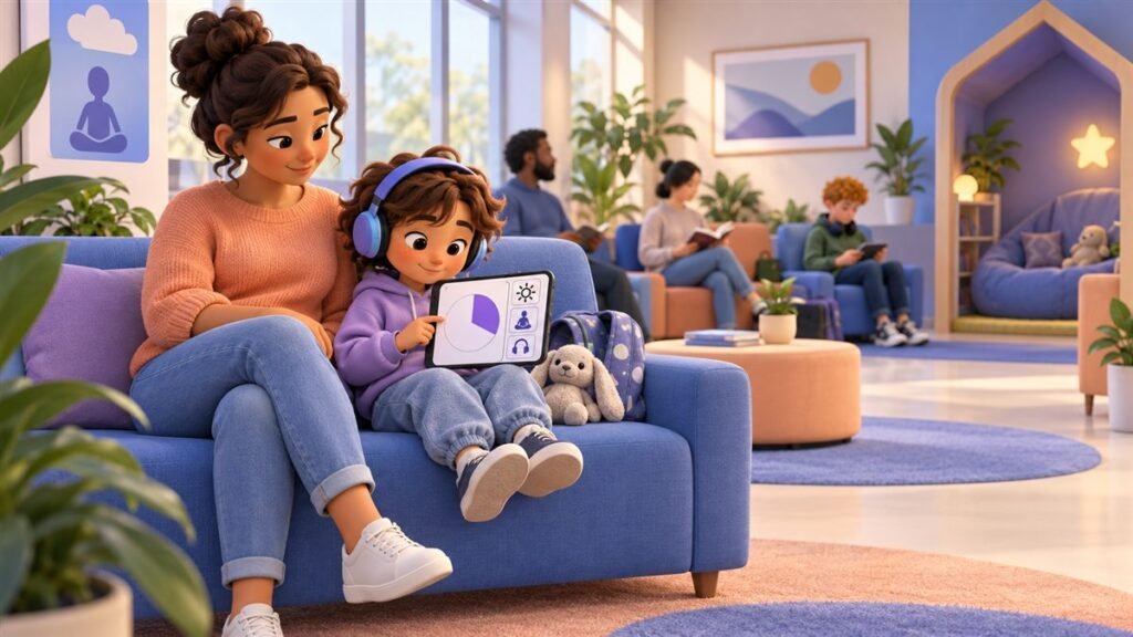 Caregiver and child using headphones and a visual timer in a calm waiting area