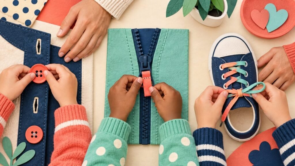 Hands practising a large button, zipper and shoelace on an accessible dressing board