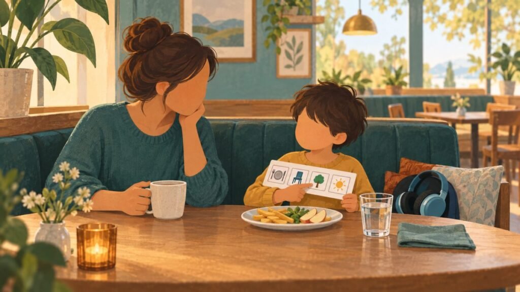 Autistic child and caregiver using a simple visual plan during a calm restaurant visit