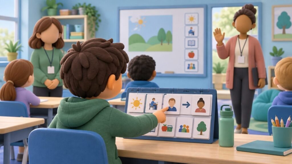 Autistic student checking an updated visual timetable while a substitute teacher welcomes the class