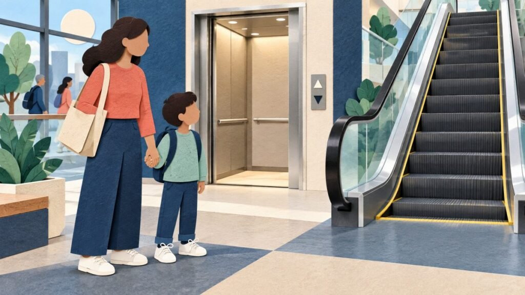 Caregiver and child calmly practising safe choices near an elevator and escalator