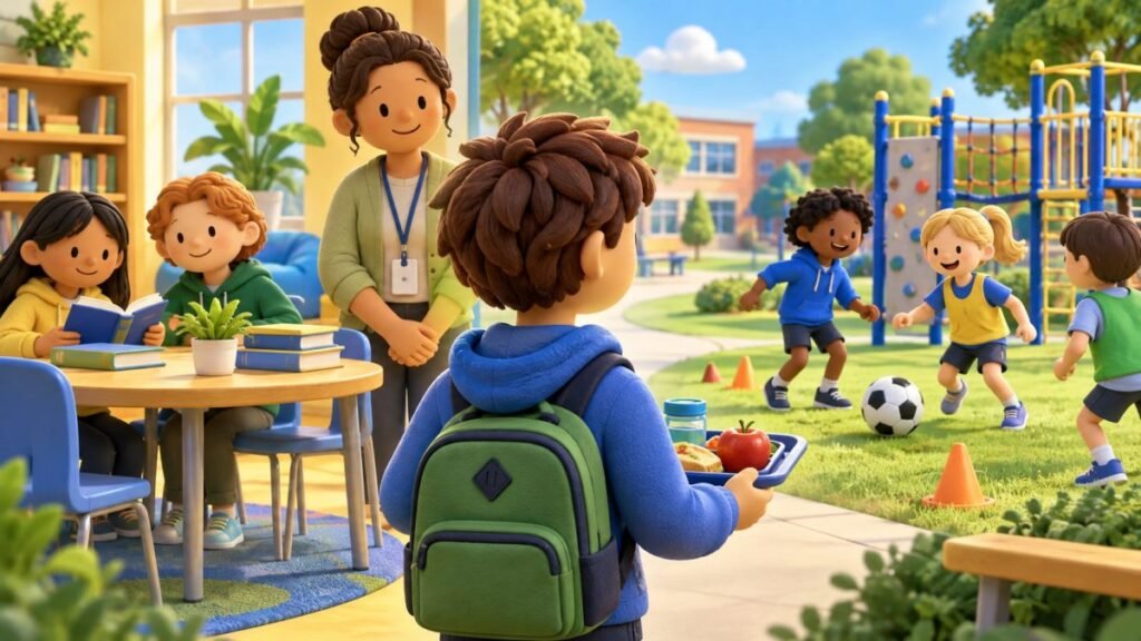 Autistic student choosing between a quiet lunch club and playground activity at school