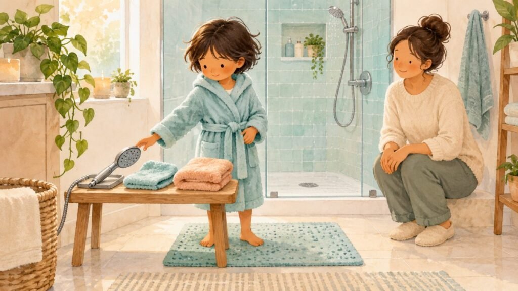 Child choosing shower controls and a soft towel in a calm sensory-friendly bathroom