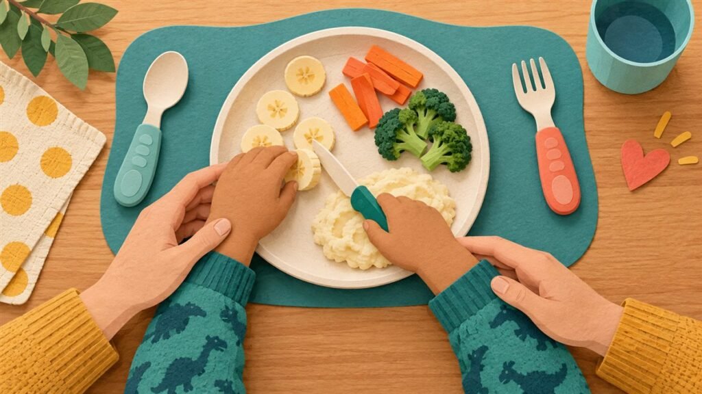 Child practising cutlery skills with supportive adult hands at a calm table