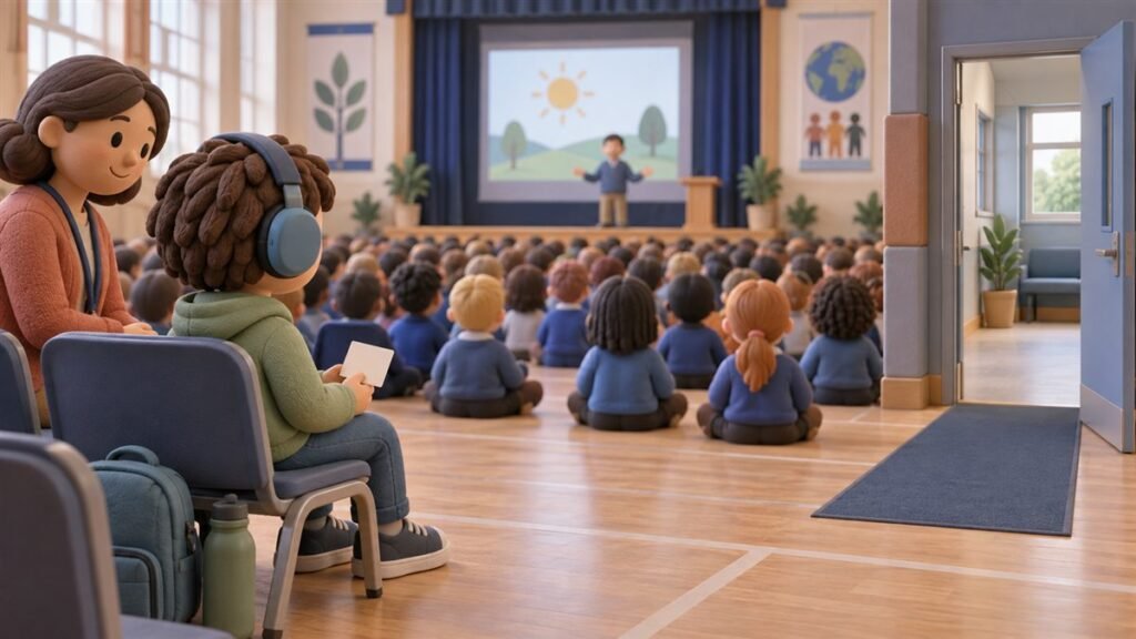 Student seated near a calm exit with a trusted adult during a school assembly