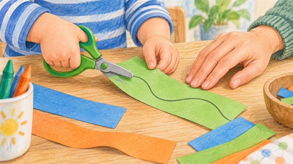Child using rounded adaptive scissors on thick paper with adult support nearby