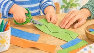 Child using rounded adaptive scissors on thick paper with adult support nearby