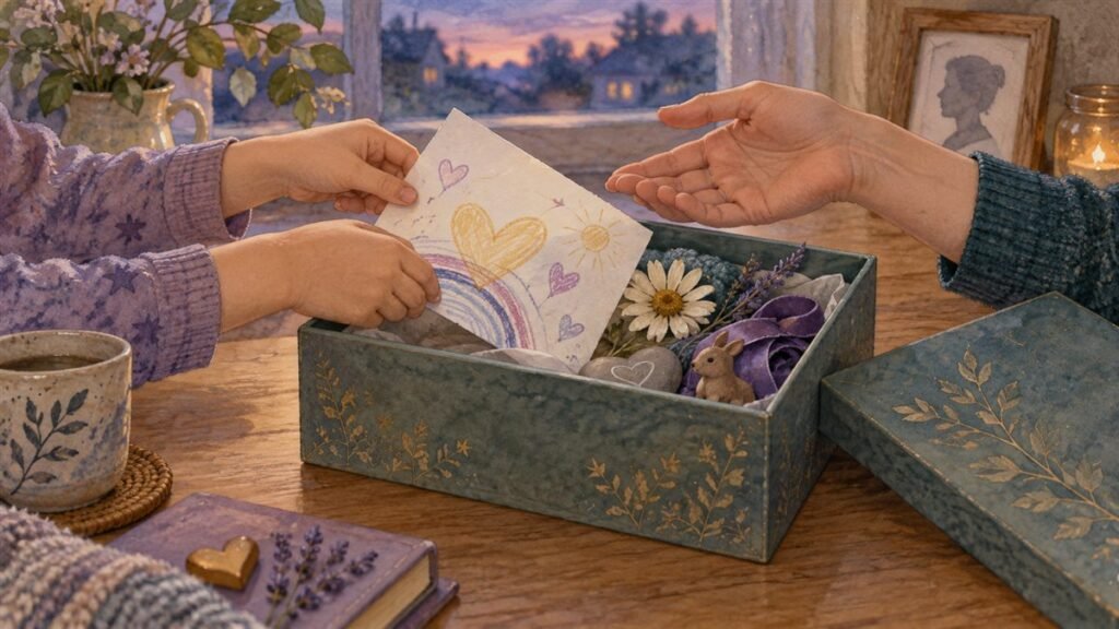 Child and adult creating a gentle memory box together after a bereavement