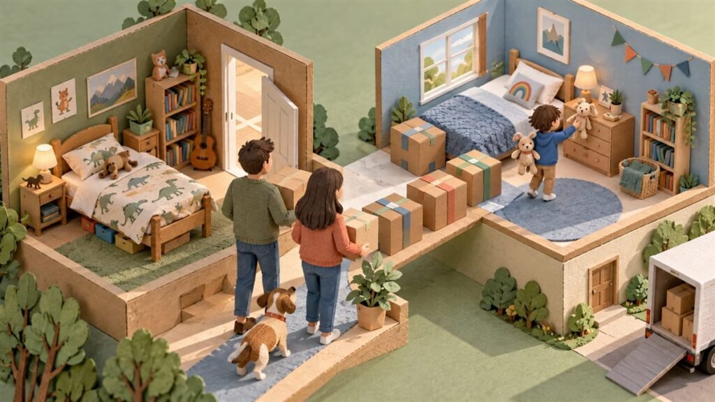 Child placing familiar belongings in a prepared bedroom during a family house move