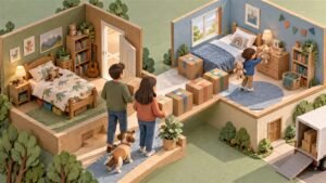 Child placing familiar belongings in a prepared bedroom during a family house move