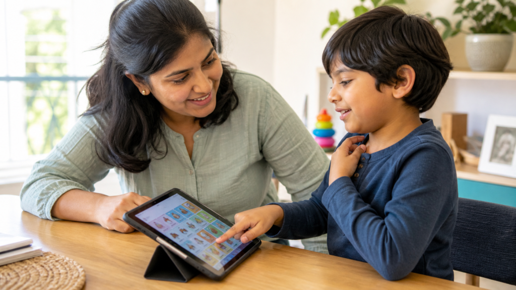 Parent and autistic child using an AAC communication tablet together