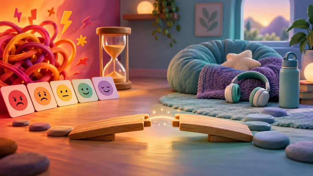 Colorful calm-reset station with timer, emotion cards, cushion and water bottle