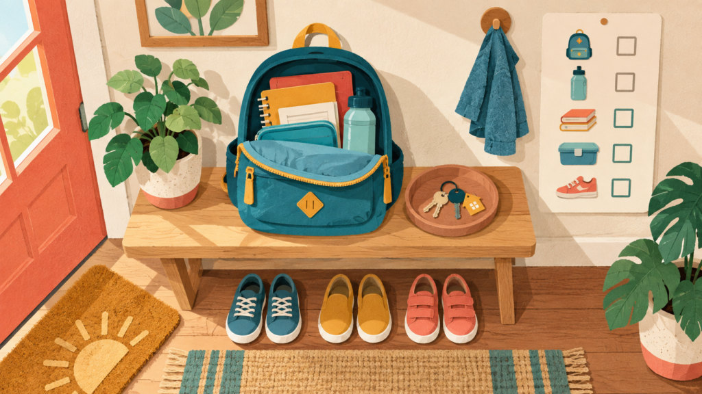 ADHD-friendly entryway landing zone with backpack, key tray, shoes and an icon checklist