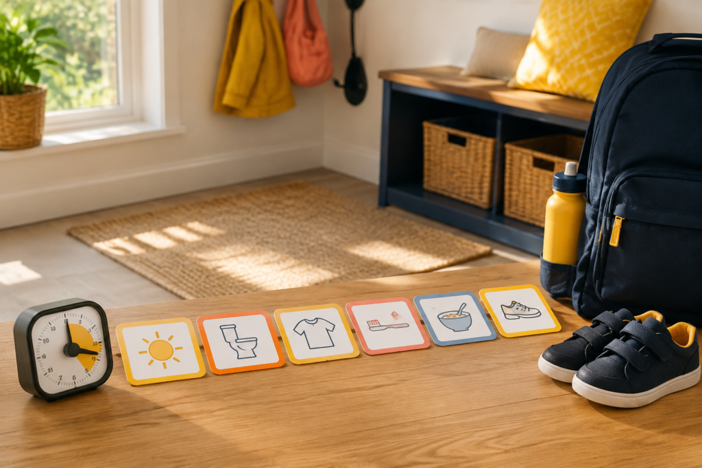 Visual morning routine cards, timer, shoes and packed school bag arranged in a bright entryway