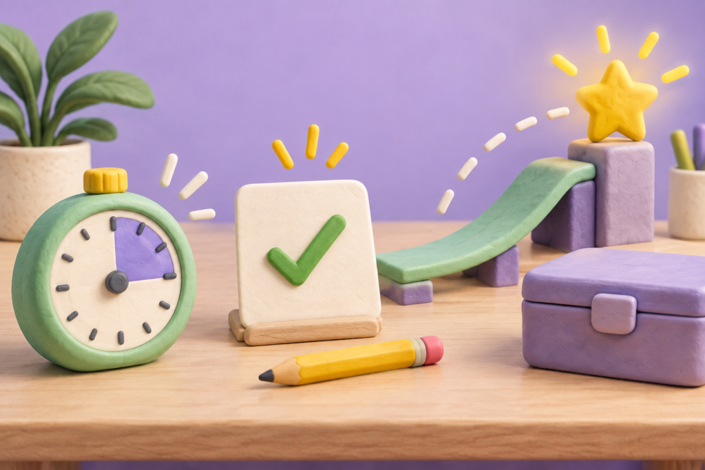 Clay-style timer, task card and gentle ramp illustrating an ADHD-friendly way to start tasks