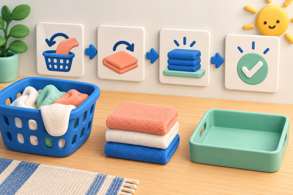 Clay-style laundry basket, folded towels and four picture-step cards showing a simple chore sequence