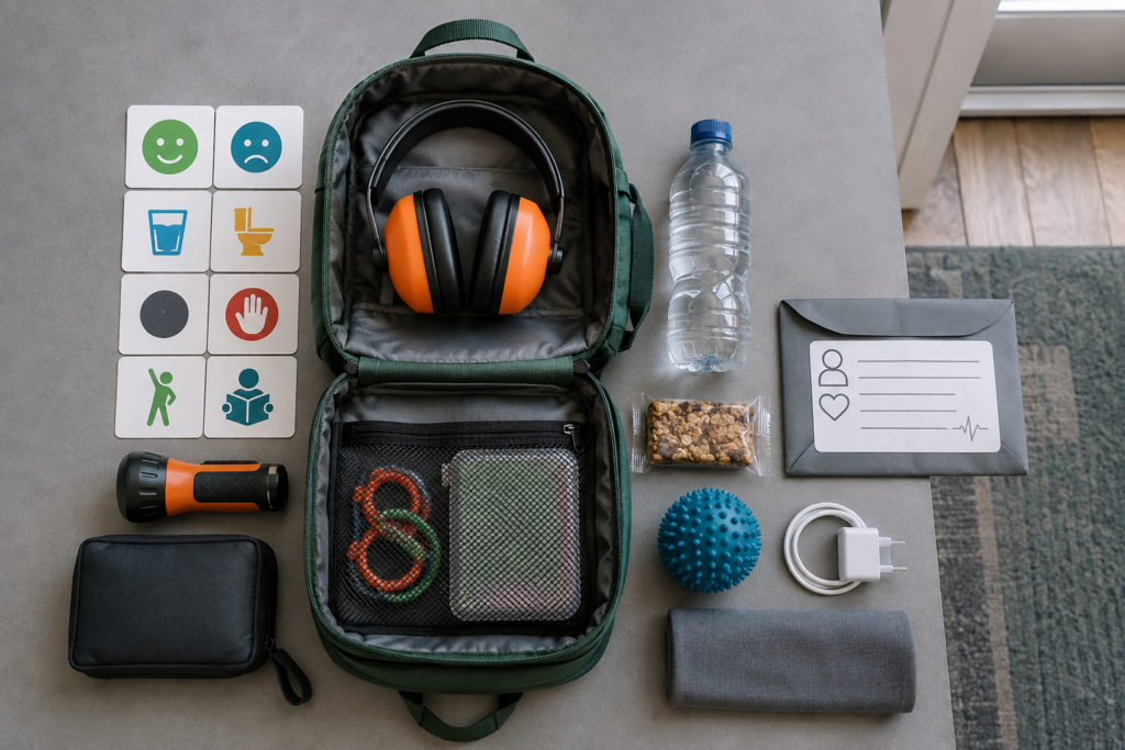 Emergency backpack with earmuffs, communication cards, flashlight, water, snack and comfort items