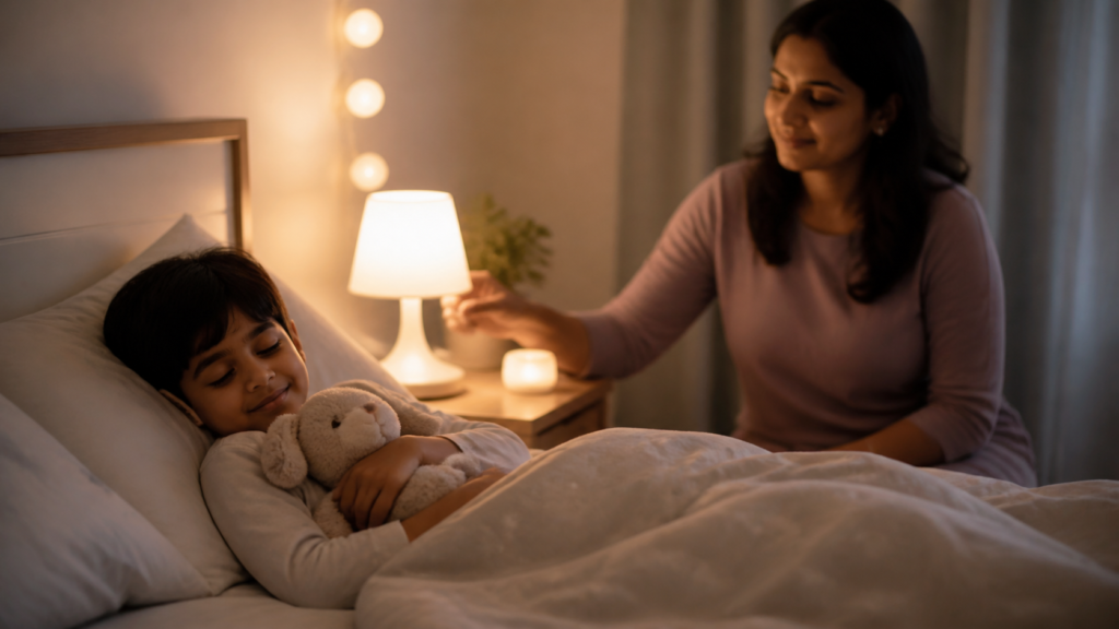 Parent helping an autistic or ADHD child follow a calm bedtime routine